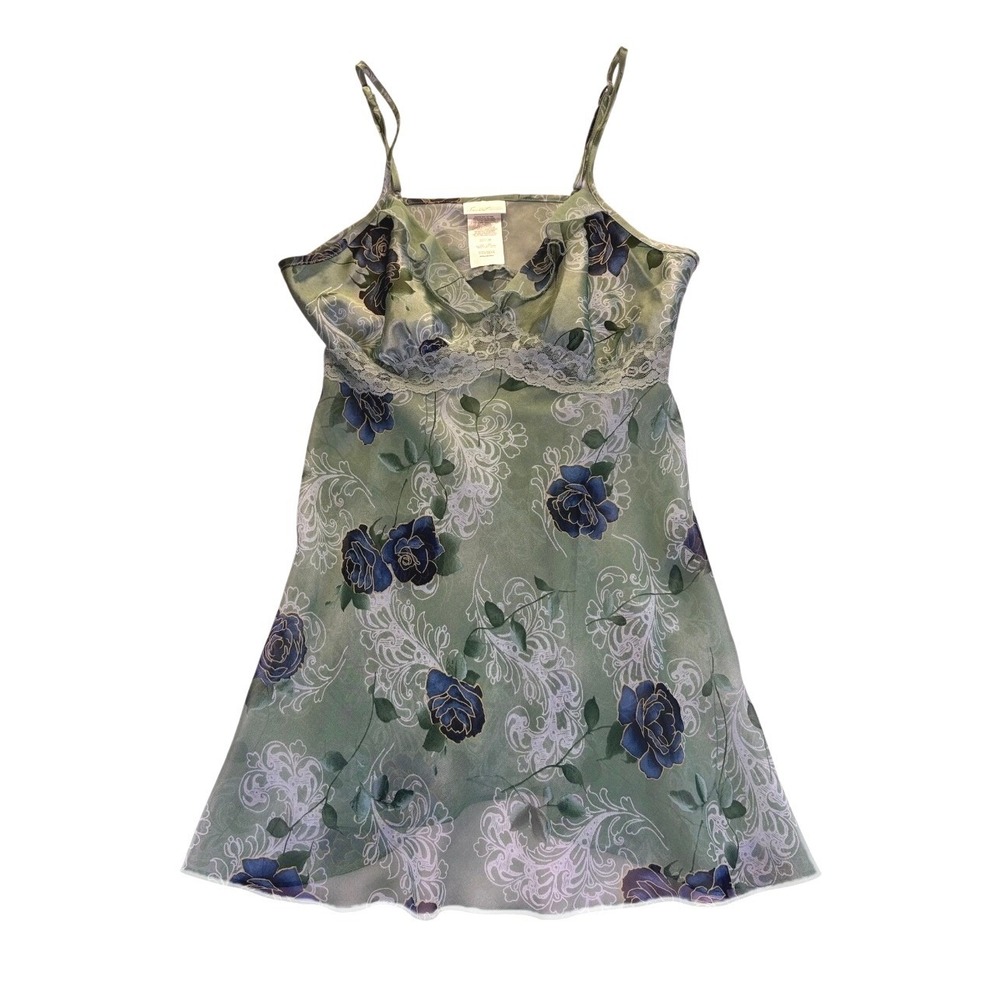 Secret Treasures Green Floral Lace Trim Chemise Nightgown Vintage M Coquette